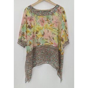 Coldwater Creek 100% Silk Asymmetrical Sheer Floral Blouse Sz S/M Fairycore Boho